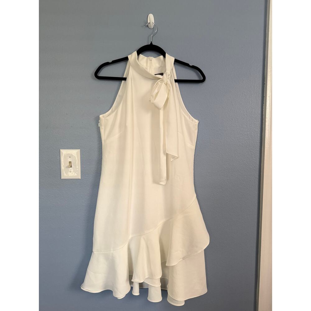 Vince Camuto White Tie Neck Bow Dress Ruffle Hem Fit & Flare Bridal Shower Sz 10
